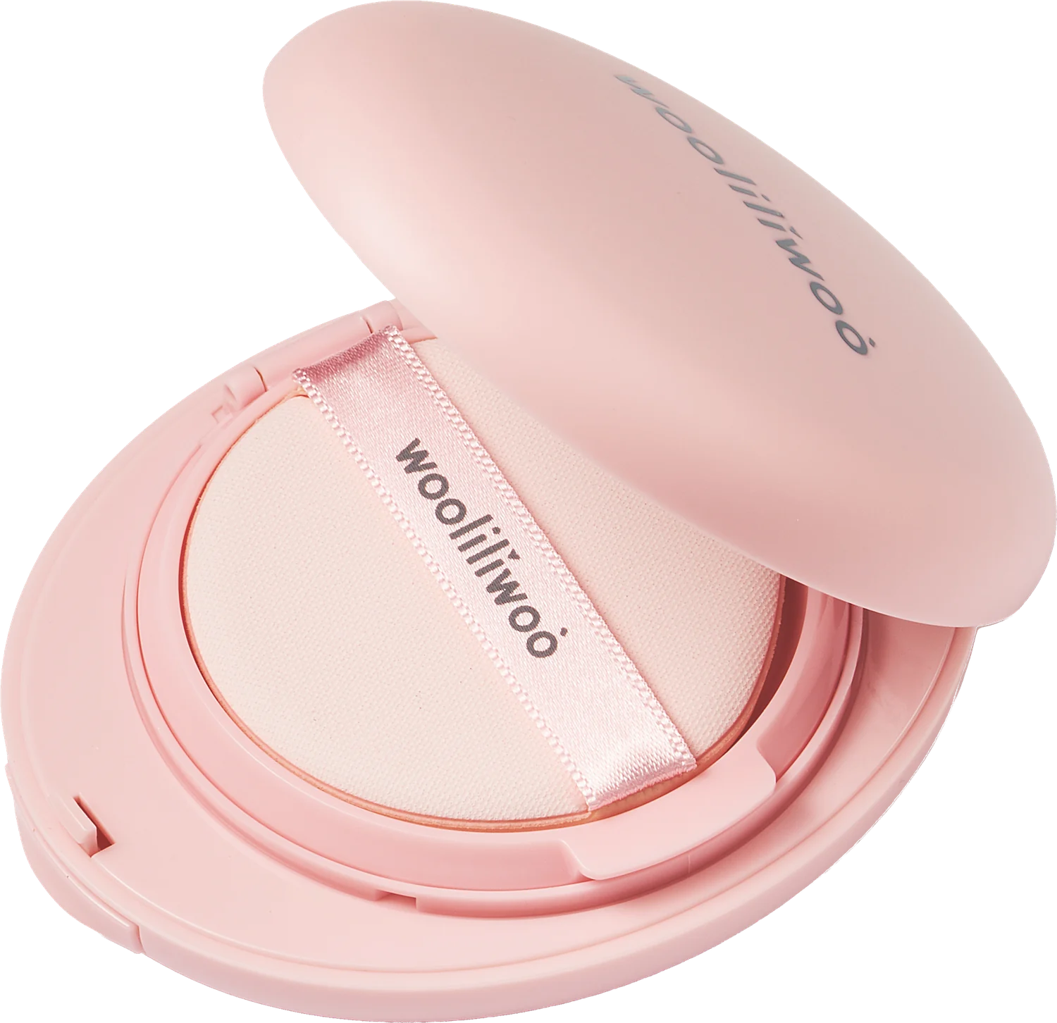 Wooliliwoo Sun Balm pink compact, open, showing the balm pan and puff